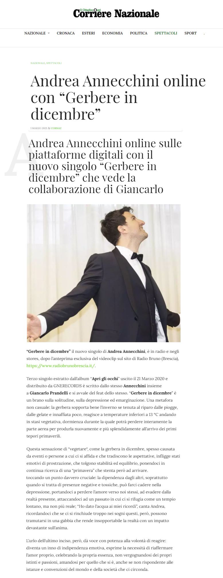 Andrea Annecchini su Corriere Nazionale dell'1-03-2021